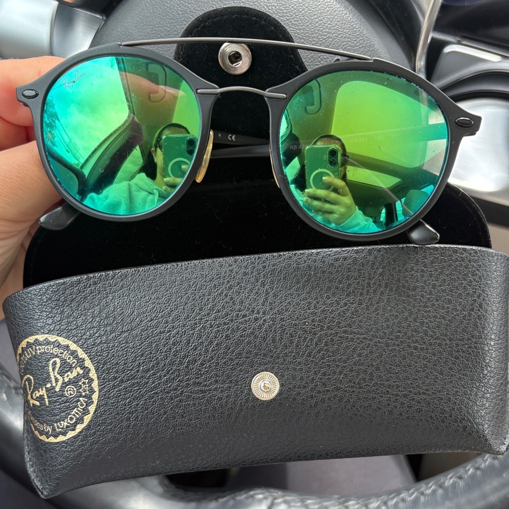 Ray-Ban Black Frame Sunglasses with Green Mirrored Lenses